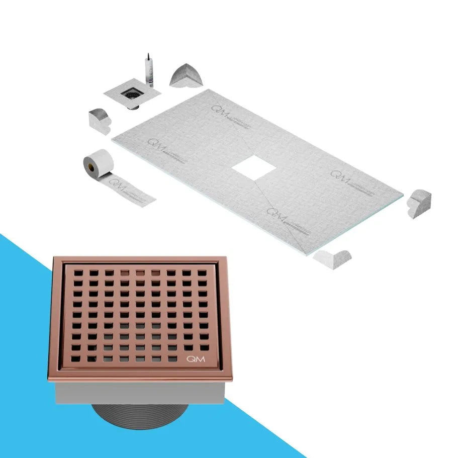 QM Drain Curbless Shower Pan with Lagos Mira Center Square Drain, stainless-steel fine-perforated grate, providing effective water drainage, contemporary design, available in Satin, Gold, Bronze, Polished, and Black.
