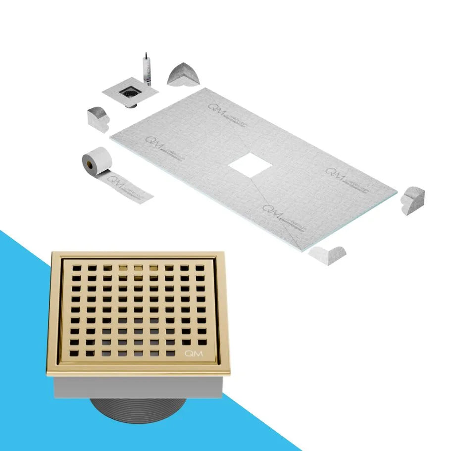 QM Drain Curbless Shower Pan with Lagos Mira Center Square Drain, stainless-steel fine-perforated grate, providing effective water drainage, contemporary design, available in Satin, Gold, Bronze, Polished, and Black.