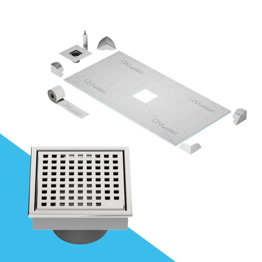 QM Drain Curbless Shower Pan with Lagos Mira Center Square Drain, stainless-steel fine-perforated grate, providing effective water drainage, contemporary design, available in Satin, Gold, Bronze, Polished, and Black.