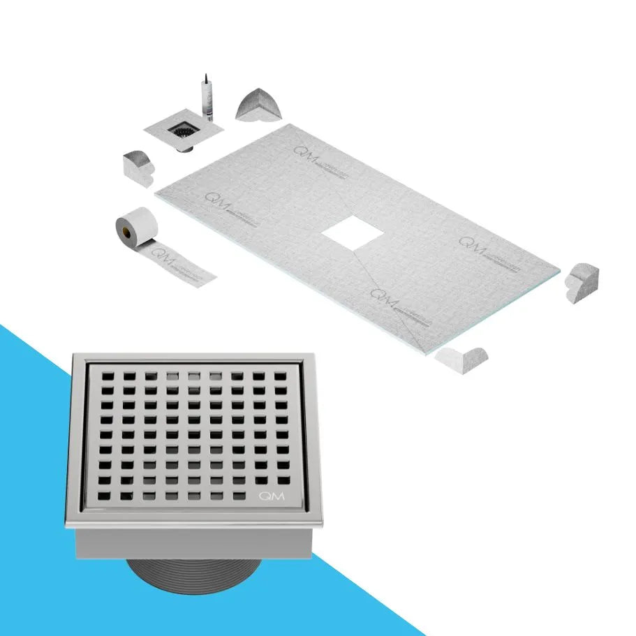 QM Drain Curbless Shower Pan with Lagos Mira Center Square Drain, stainless-steel fine-perforated grate, providing effective water drainage, contemporary design, available in Satin, Gold, Bronze, Polished, and Black.