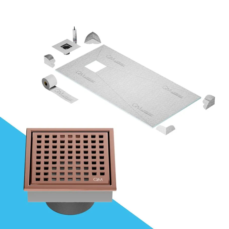 QM Drain Curbless Shower Pan with Lagos Mira Off Center Square Drain, stainless-steel fine-perforated grate, providing effective water drainage, contemporary design, available in Satin, Gold, Bronze, Polished, and Black.