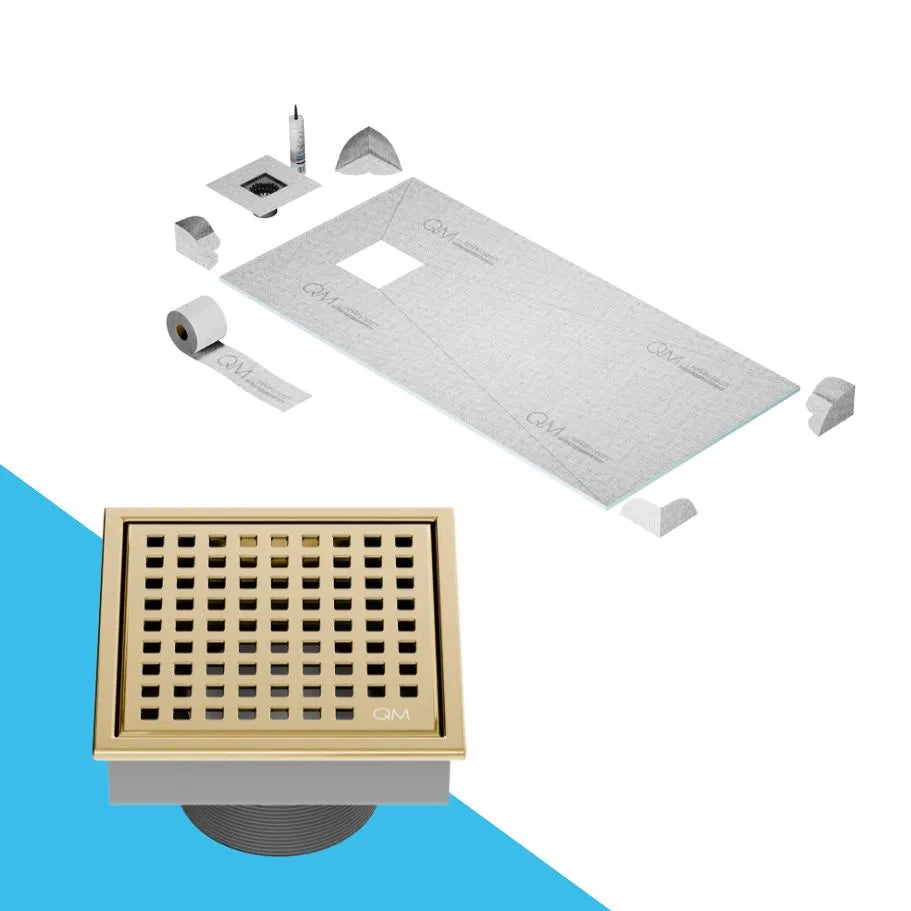 QM Drain Curbless Shower Pan with Lagos Mira Off Center Square Drain, stainless-steel fine-perforated grate, providing effective water drainage, contemporary design, available in Satin, Gold, Bronze, Polished, and Black.