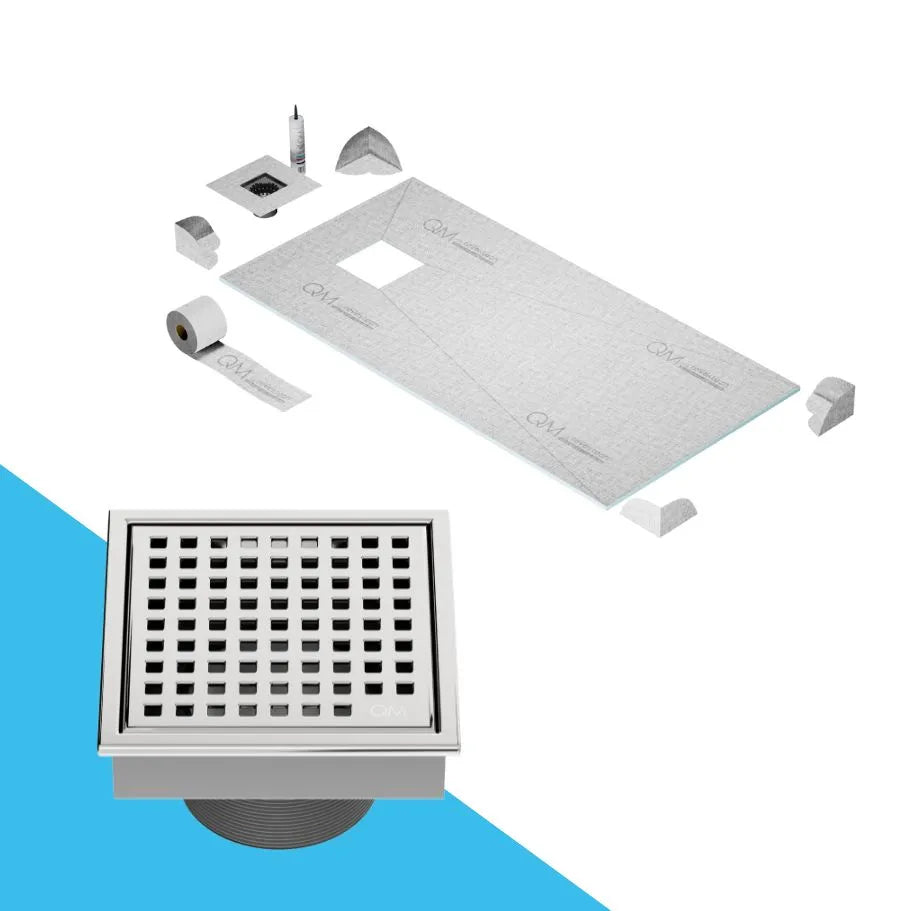 QM Drain Curbless Shower Pan with Lagos Mira Off Center Square Drain, stainless-steel fine-perforated grate, providing effective water drainage, contemporary design, available in Satin, Gold, Bronze, Polished, and Black.