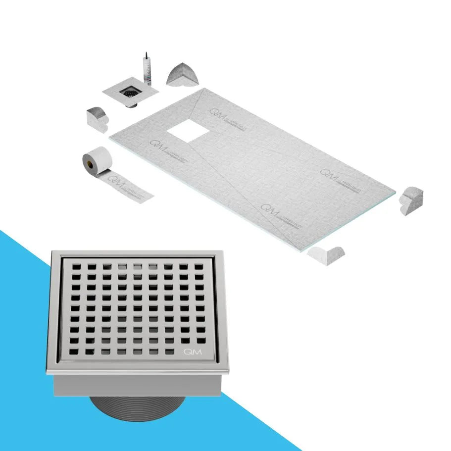 QM Drain Curbless Shower Pan with Lagos Mira Off Center Square Drain, stainless-steel fine-perforated grate, providing effective water drainage, contemporary design, available in Satin, Gold, Bronze, Polished, and Black.