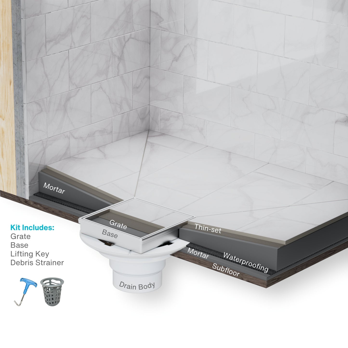 QM Drain Delmar Series Delta Line Square Drain in Satin finish, showcasing a sleek stainless-steel channel with a modern square-pattern grate. This image emphasizes seamless integration, efficient water drainage, and minimalist design for luxury bathroom and shower floor installations.