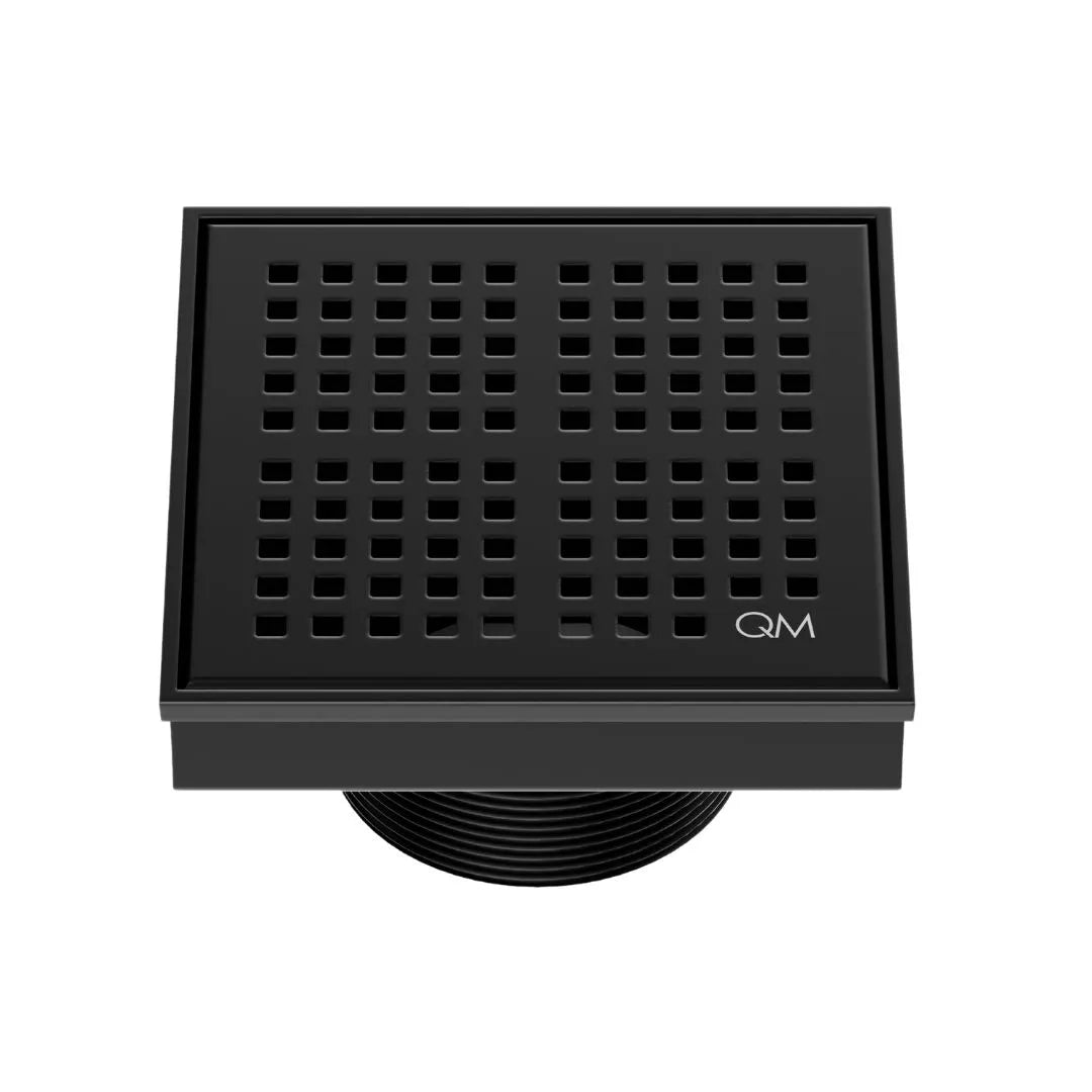 QM Drain Delmar Kai Square Drain 4x4-inch in Black finish, featuring a sleek stainless-steel grate with fine square perforations. This drain ensures efficient water drainage, seamless tile integration, and a modern, minimalist aesthetic, perfect for luxury shower and bathroom floor installations.