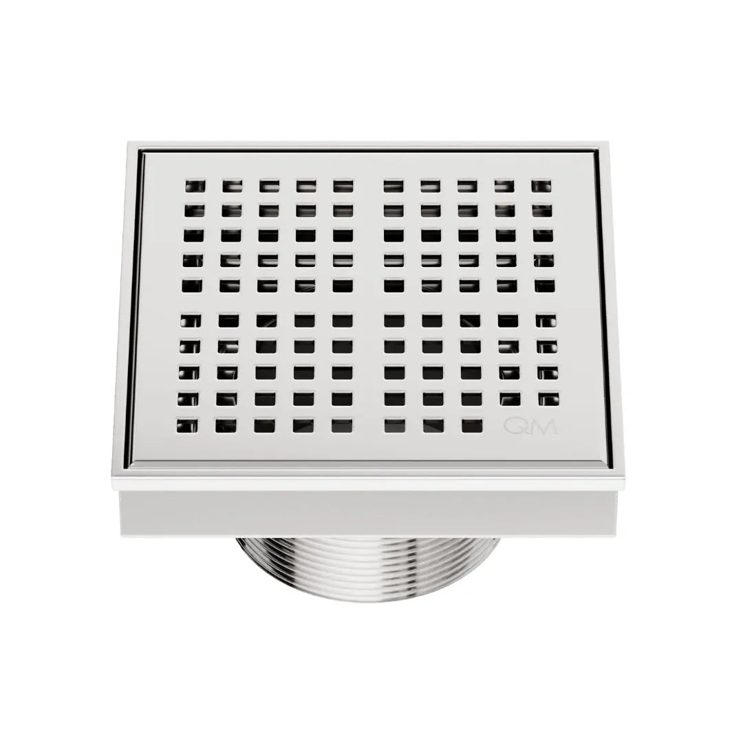 QM Drain Delmar Kai Square Drain 4x4-inch in Polished finish, featuring a sleek stainless-steel grate with fine square perforations. This drain offers efficient water drainage, seamless tile integration, and a modern, minimalist aesthetic, perfect for luxury shower and bathroom floor installations.