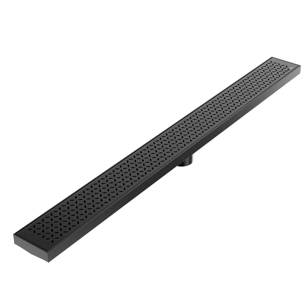 QM Drain Lotus Delmar Standard Length Plain Edge Linear Drain in Black finish, featuring a sleek stainless-steel channel with a smooth plain edge design. This drain provides seamless tile integration and efficient water drainage, offering a contemporary, luxurious aesthetic for modern bathroom floors.
