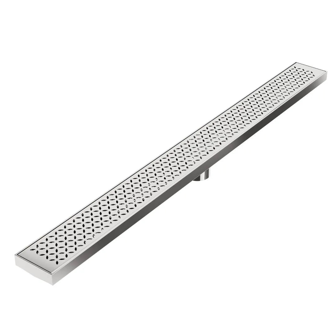 QM Drain Lotus Delmar Standard Length Plain Edge Linear Drain in Polished finish, featuring a sleek stainless-steel channel with a smooth plain edge. Designed for seamless tile integration, this drain offers efficient water drainage and a modern, minimalist aesthetic for luxury bathroom floors.