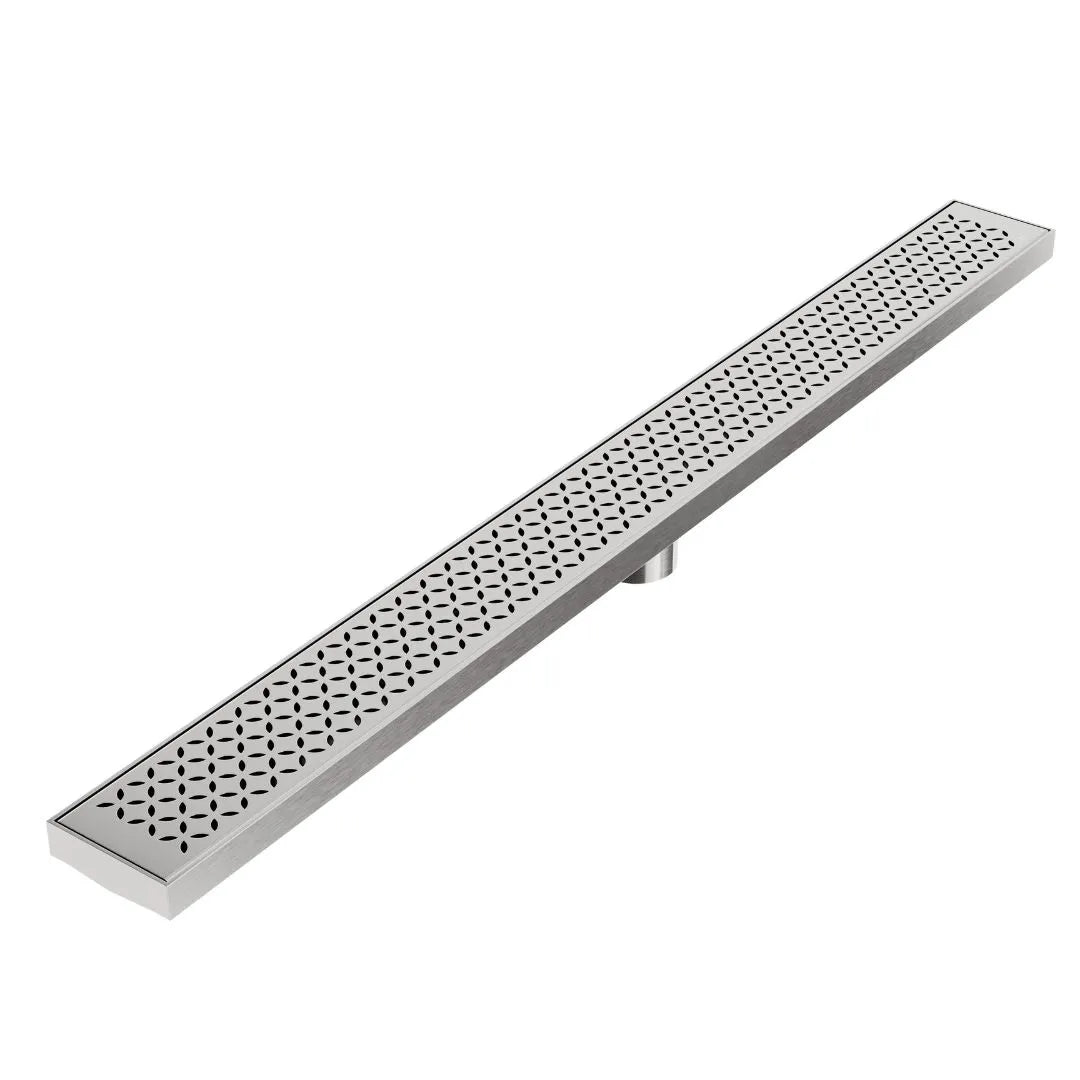QM Drain Lotus Delmar Standard Length Plain Edge Linear Drain in Satin finish, featuring a sleek stainless-steel channel with a smooth plain edge design. This drain provides seamless tile integration and efficient water drainage, adding a modern, luxurious touch to contemporary bathroom floors.
