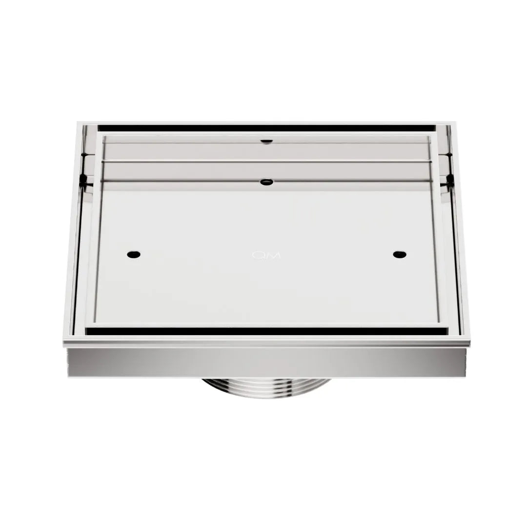 QM Drain Delmar Mist Tile-In Square Shower Drain 5 3/4-inch in Satin finish, featuring a sleek stainless-steel channel with a 'mist' perforated grate design. This drain allows seamless tile integration, offering efficient water drainage and a modern aesthetic for luxury shower and bathroom floor installations.