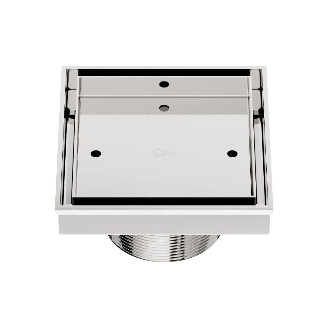 QM Drain Delmar Mist Tile-In Square Shower Drain 4x4-inch in Satin finish, featuring a sleek stainless-steel channel with a 'mist' perforated grate design. This drain offers seamless tile integration, efficient water drainage, and a modern minimalist aesthetic, perfect for luxury shower and bathroom floor installations.