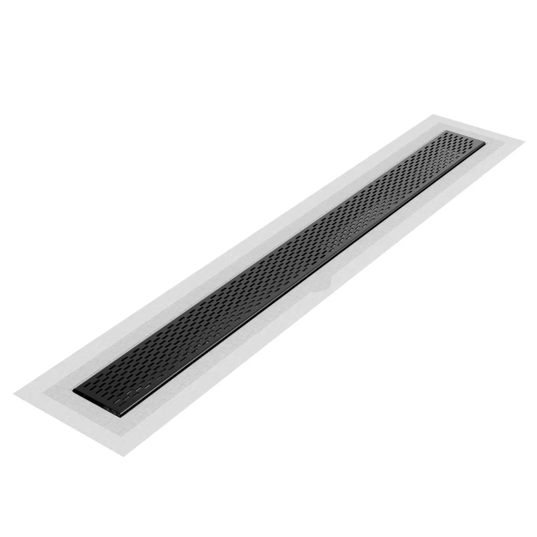 QM Drain Delta Delmar Flange Edge Linear Drain, featuring a sleek stainless-steel channel with a modern flange edge design. This drain provides efficient water drainage, seamless tile integration, and a minimalist aesthetic, perfect for luxury shower and bathroom floor installations.