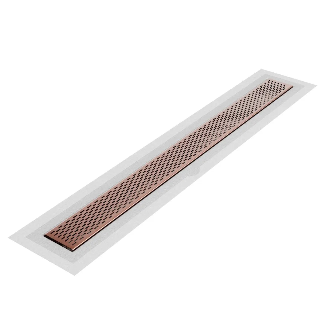 QM Drain Delta Delmar Standard Length Flange Edge Linear Drain in Bronze finish, featuring a sleek stainless-steel channel with a modern flange edge design. This drain ensures efficient water drainage, seamless tile integration, and an elegant aesthetic, perfect for luxury shower and bathroom floor installations.