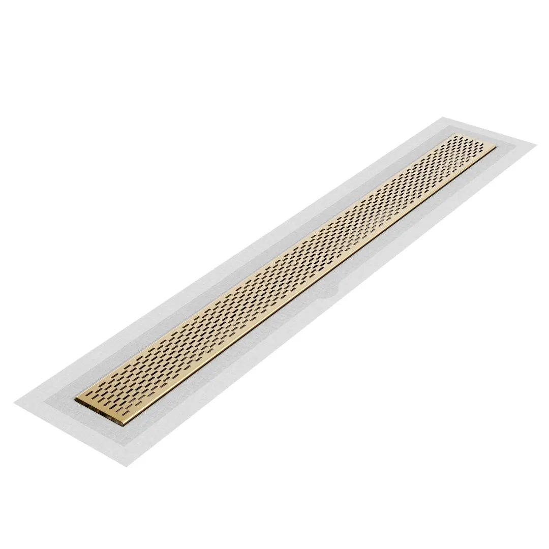 QM Drain Delta Delmar Standard Length Flange Edge Linear Drain in Gold finish, featuring a sleek stainless-steel channel with a modern flange edge design. This drain offers efficient water drainage, seamless tile integration, and a luxurious aesthetic, ideal for high-end shower and bathroom floor installations.