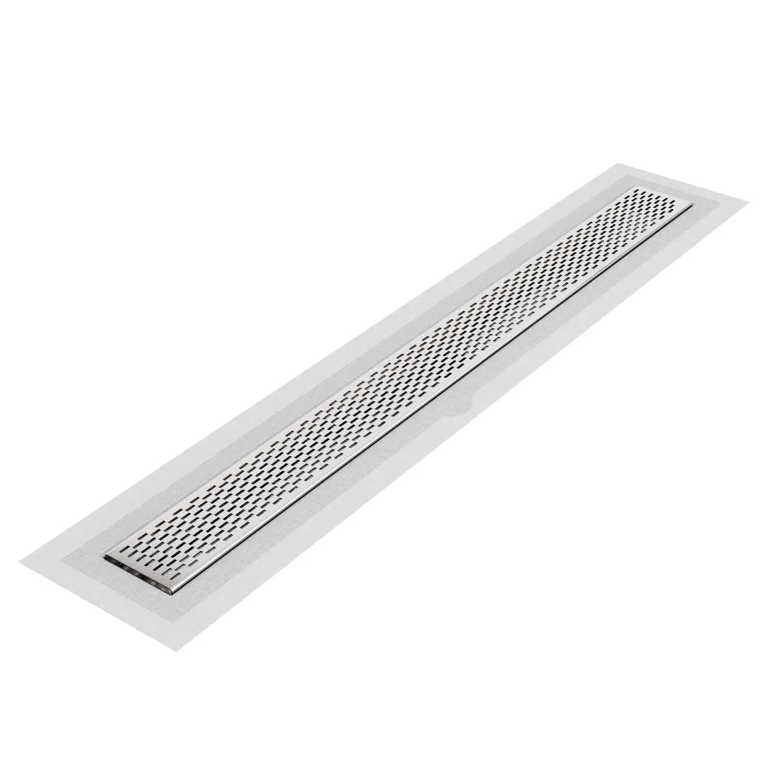QM Drain Delta Delmar Standard Length Flange Edge Linear Drain in Polished finish, featuring a sleek stainless-steel channel with a modern flange edge design. This drain provides efficient water drainage, seamless tile integration, and a contemporary minimalist aesthetic, ideal for luxury shower and bathroom floor installations.