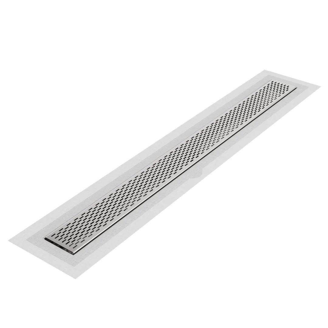 QM Drain Delta Delmar Standard Length Flange Edge Linear Drain in Satin finish, featuring a sleek stainless-steel channel with a modern flange edge design. This drain ensures efficient water drainage, seamless tile integration, and a high-end polished aesthetic, perfect for luxury shower and bathroom floor installations.
