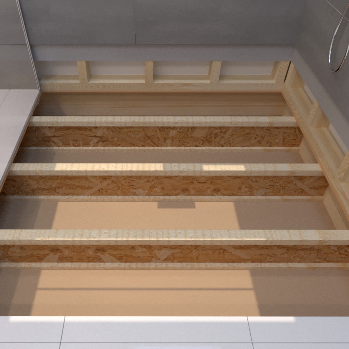 QM Drain Expose Joists, showcasing the exposed structural framework in a bathroom installation. This image highlights the installation process of linear drains, ensuring proper placement and alignment of drains for efficient water flow and seamless integration into shower and bathroom floor systems.