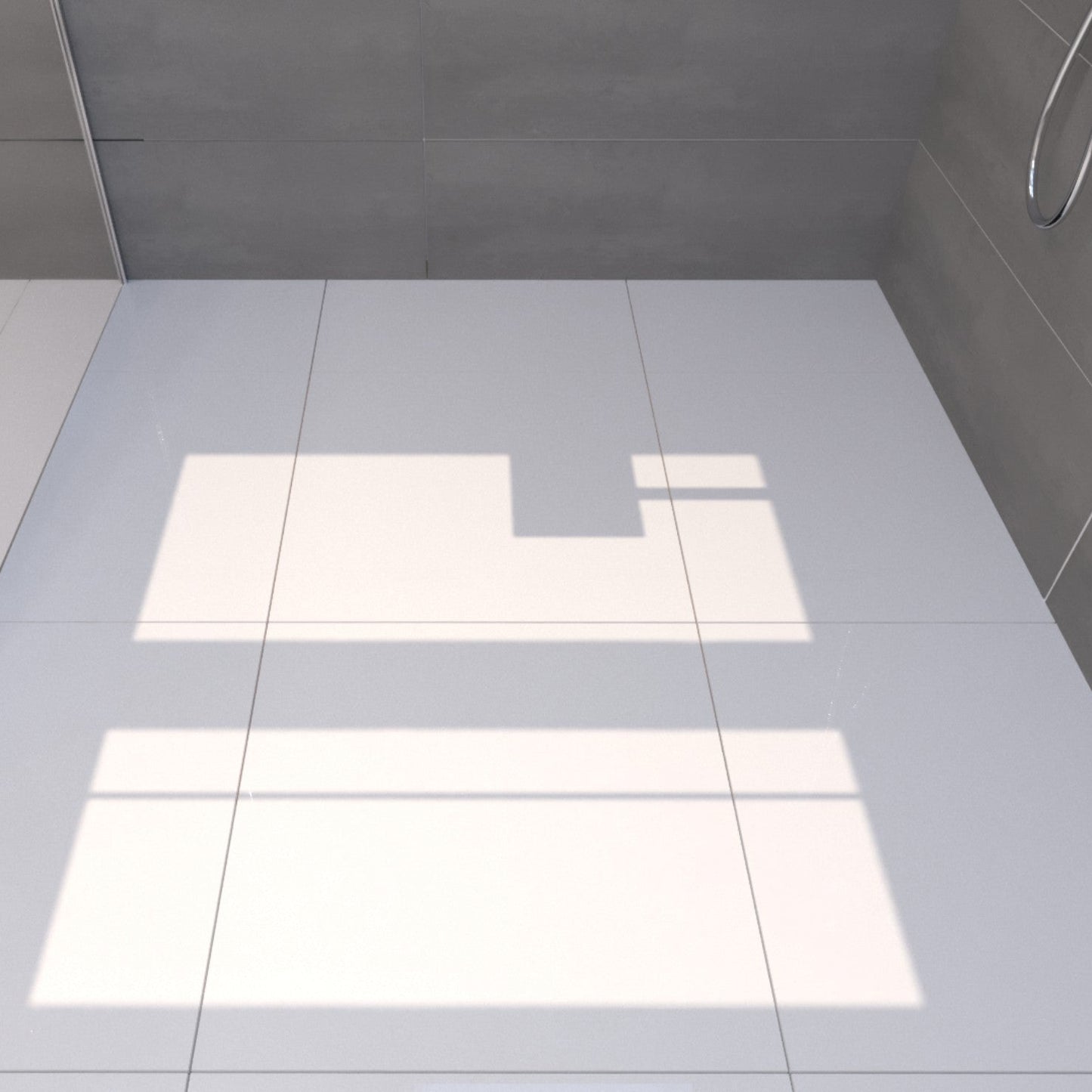 QM Drain Invisible Shower Drain with a white tile finish, showcasing a seamless, minimalist design. The drain is integrated into the floor for a sleek, modern look, offering efficient water drainage and a smooth aesthetic, perfect for contemporary shower installations.