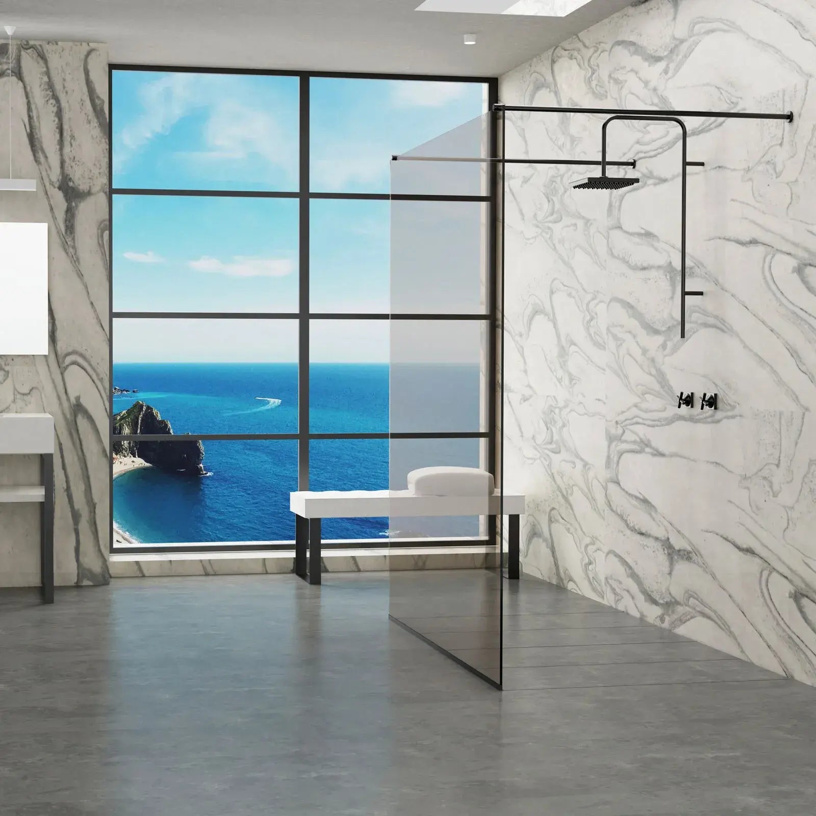 QM Drain Invisible Shower Tray 1 installed in a modern luxury bathroom, featuring a seamless design with efficient water drainage. The image showcases the tray’s minimalist aesthetic and sleek integration with the floor, creating a smooth, contemporary look ideal for high-end shower and bathroom installations.