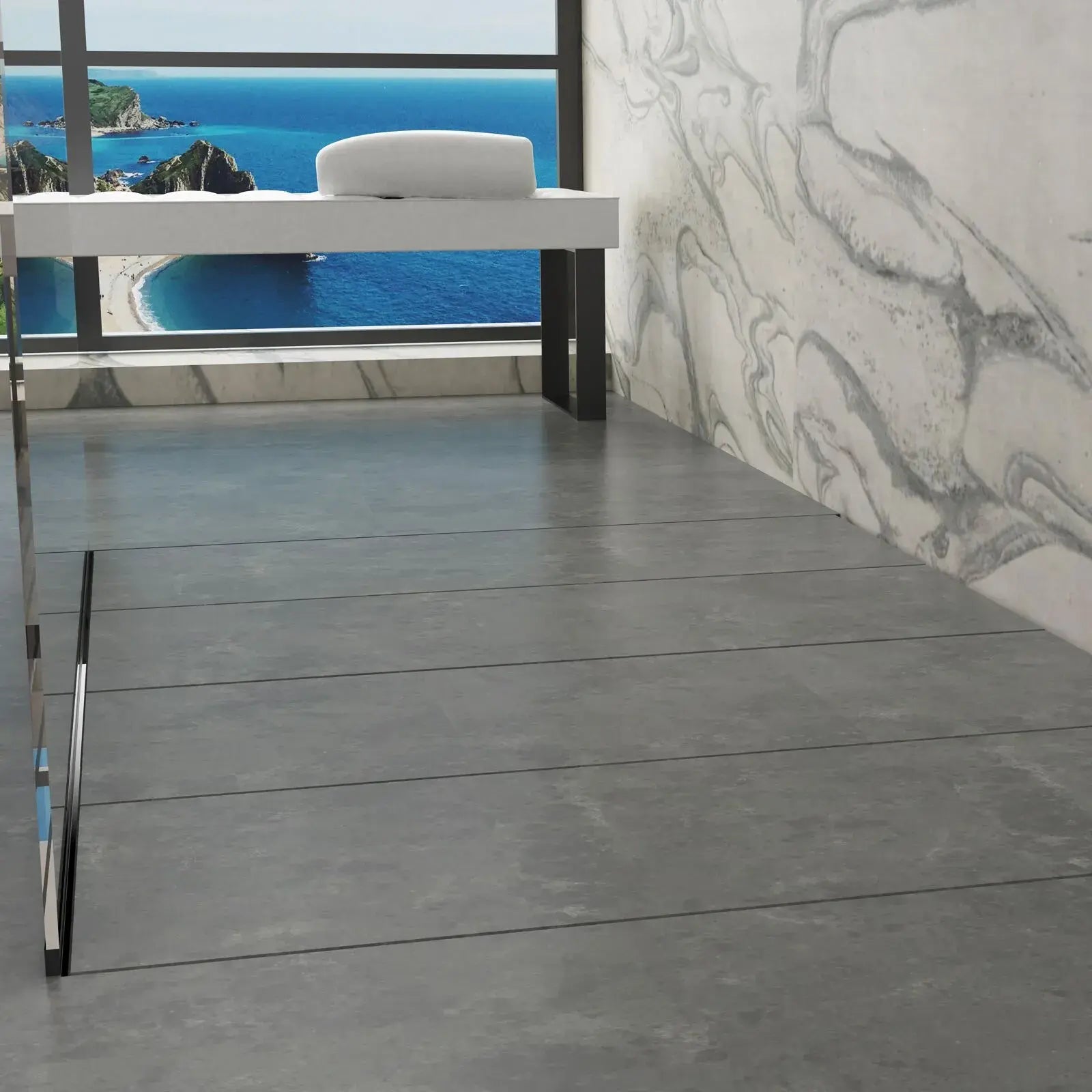 QM Drain Invisible Shower Tray 1 installed in a modern luxury bathroom, featuring a seamless design with efficient water drainage. The image showcases the tray’s minimalist aesthetic and sleek integration with the floor, creating a smooth, contemporary look ideal for high-end shower and bathroom installations.