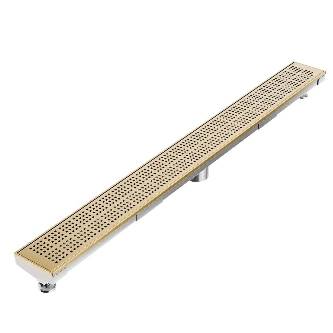 QM Drain Kai Delmar Standard Length Plain Edge Linear Drain in Gold finish, featuring a sleek stainless-steel channel with a minimalist plain edge design. This drain provides efficient water drainage, seamless tile integration, and a luxurious aesthetic, perfect for high-end shower and bathroom floor installations.