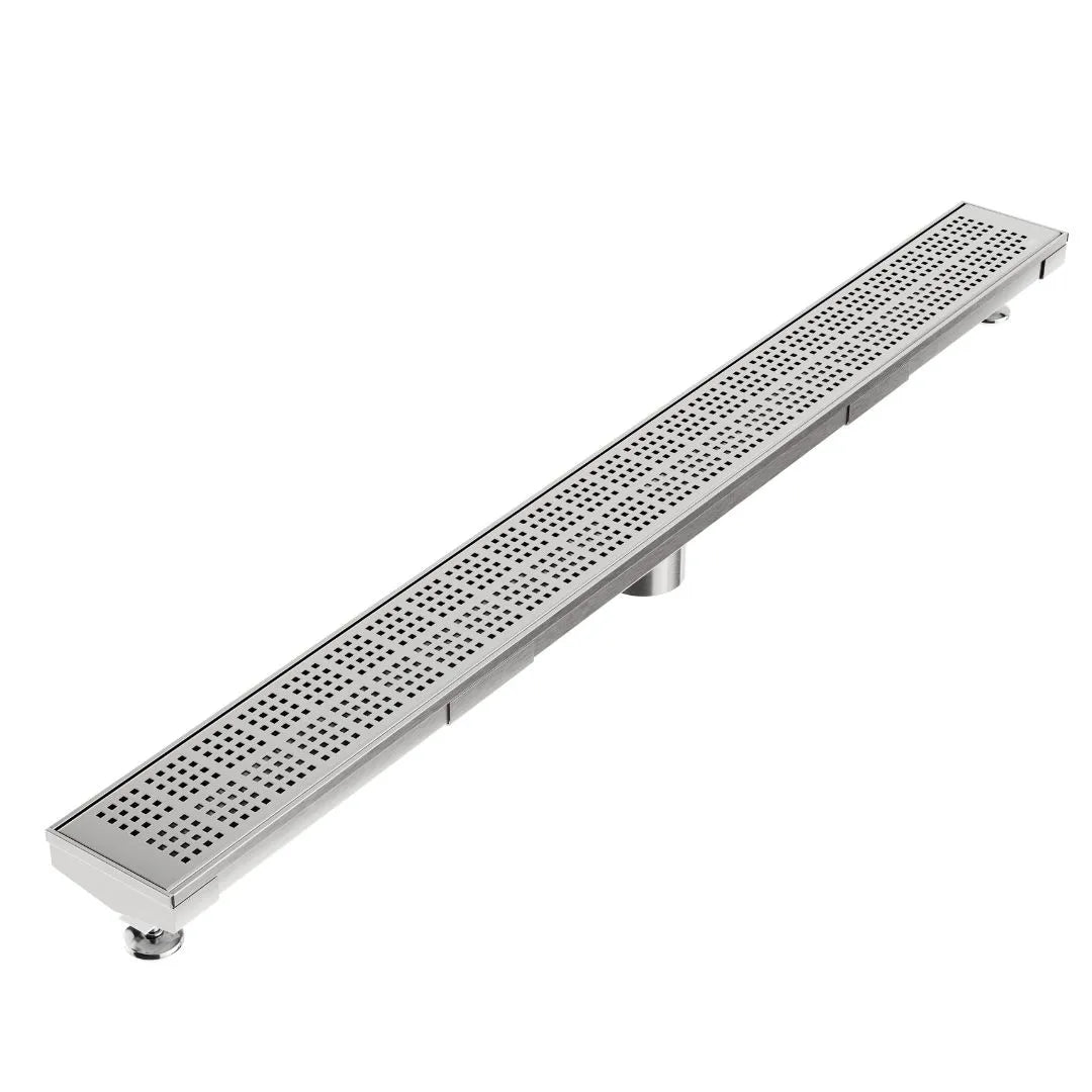 QM Drain Kai Delmar Standard Length Plain Edge Linear Drain in Satin finish, featuring a sleek stainless-steel channel with a minimalist plain edge design. This drain offers efficient water drainage, seamless tile integration, and a modern aesthetic, ideal for luxury shower and bathroom floor installations.