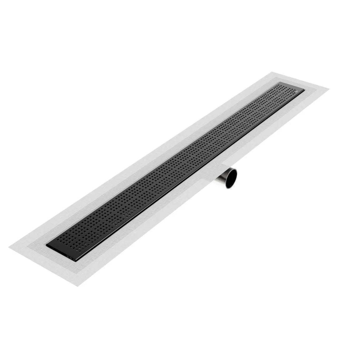 QM Drain Kai Delmar Standard Length Side Outlet Linear Drain in Black finish, featuring a sleek stainless-steel channel with a side outlet design. This drain ensures efficient water drainage, seamless tile integration, and a modern aesthetic, ideal for luxury shower and bathroom floor installations.
