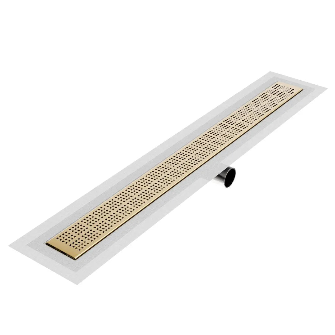 QM Drain Kai Delmar Standard Length Side Outlet Linear Drain in Gold finish, featuring a sleek stainless-steel channel with a side outlet design. This drain offers efficient water drainage, seamless tile integration, and a luxurious aesthetic, perfect for high-end shower and bathroom floor installations.