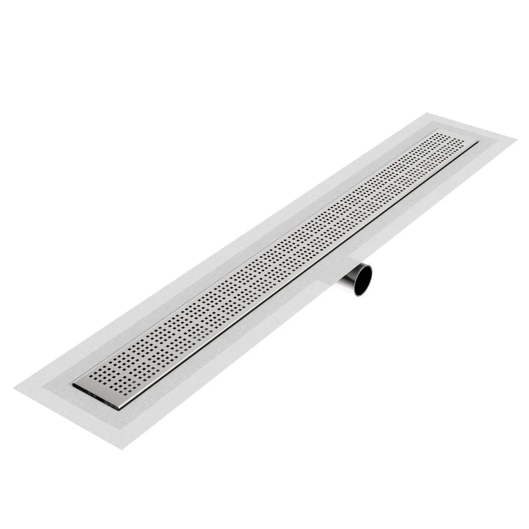 QM Drain Kai Delmar Standard Length Side Outlet Linear Drain in Satin finish, featuring a sleek stainless-steel channel with a side outlet design. This drain ensures efficient water drainage, seamless tile integration, and a high-end polished aesthetic, ideal for luxury shower and bathroom floor installations.