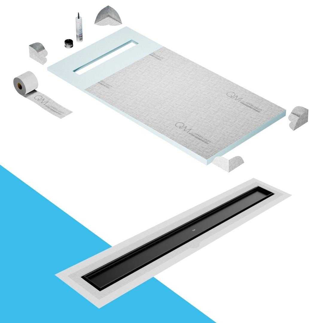 QM Drain Prefab Shower Pan Kit paired with Mist (Tile-In) Linear Drain Kit 32 in Black Flange Edge finish. This system features seamless tile integration, efficient water drainage, and a modern aesthetic, ideal for luxury shower installations with a sleek, contemporary look.