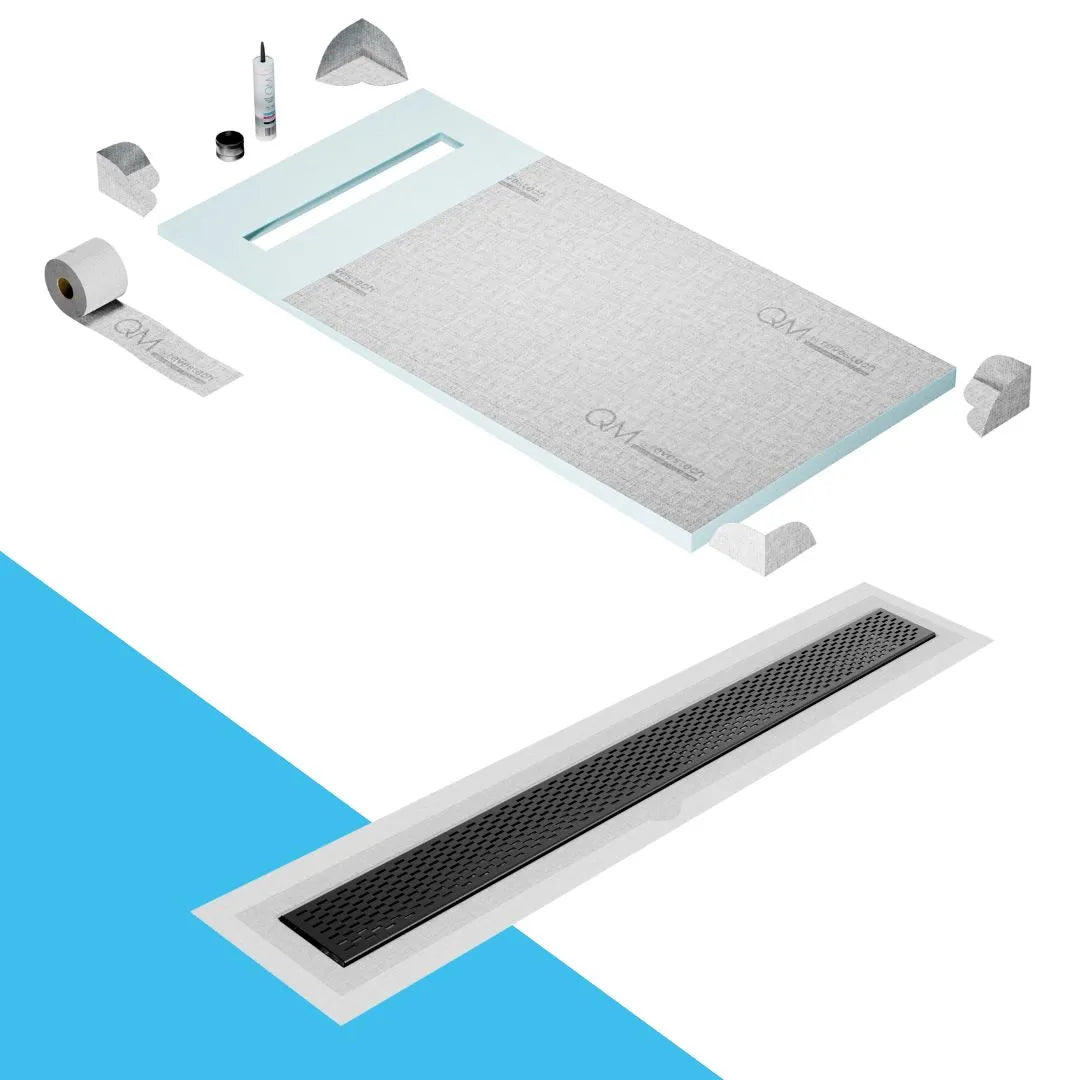 QM Drain Prefab Shower Pan Kit paired with Delta Linear Drain Kit 32 in Black Flange Edge finish. This high-quality system ensures seamless tile integration, efficient water drainage, and a sleek, modern aesthetic, making it perfect for luxury shower installations with a contemporary design.