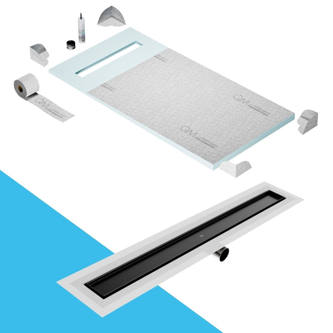 QM Drain Prefab Shower Pan Kit paired with Mist (Tile-In) Linear Drain Kit 32 in Black Side Outlet finish. This system offers seamless tile integration, efficient water drainage, and a sleek, modern aesthetic, perfect for high-end shower installations with a minimalist design.