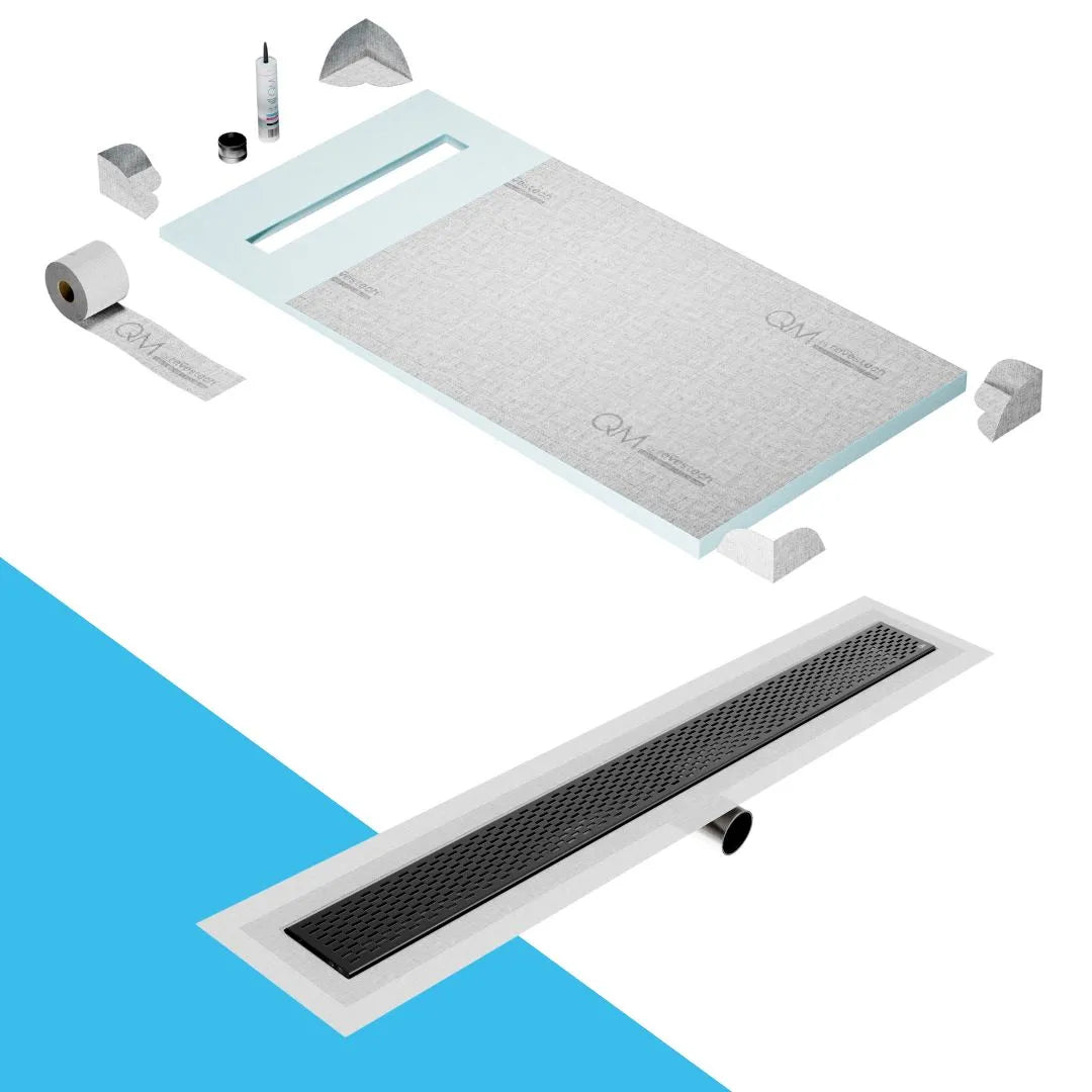 QM Drain Prefab Shower Pan Kit paired with Delta Linear Drain Kit 32 in Black Side Outlet finish. This high-quality system ensures efficient water drainage, seamless tile integration, and a modern aesthetic, ideal for luxury shower installations with a sleek, contemporary look.