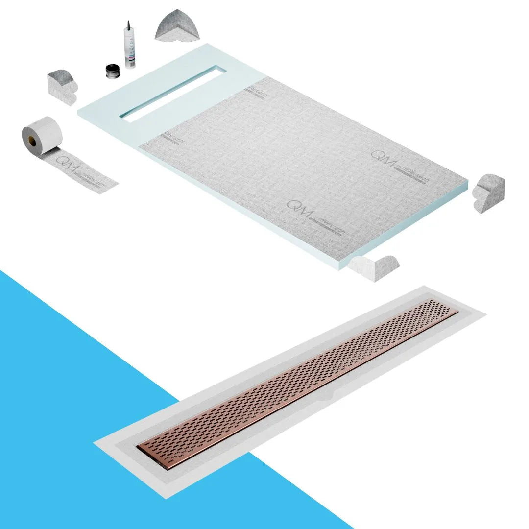 QM Drain Prefab Shower Pan Kit paired with Delta Linear Drain Kit 32 in Bronze Flange Edge finish. This premium system ensures efficient water drainage, seamless tile integration, and a modern aesthetic, ideal for luxury shower installations with a sleek, sophisticated design.