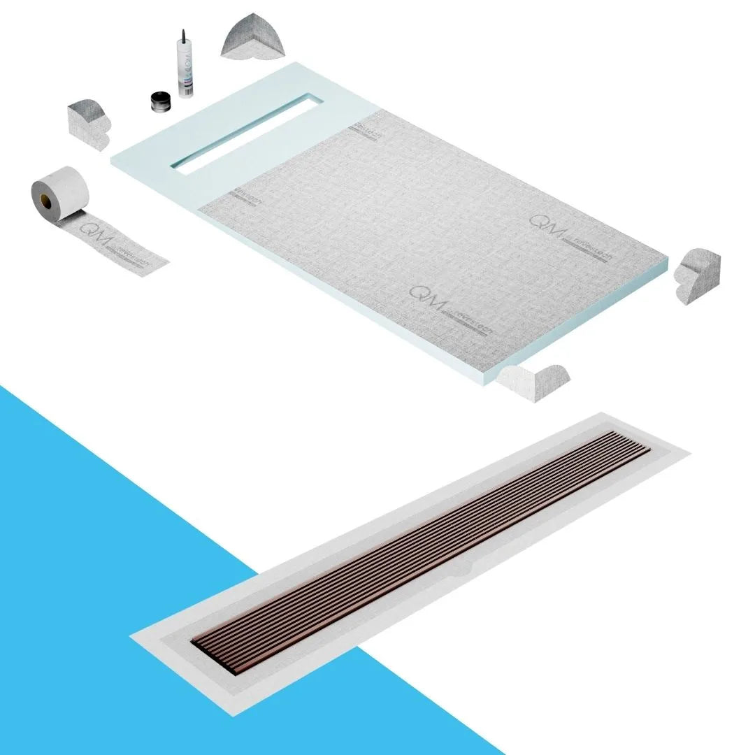 QM Drain Prefab Shower Pan Kit paired with Wedgewire Linear Drain Kit 32 in Bronze Flange Edge finish. This system features a sleek wedgewire design, efficient water drainage, seamless tile integration, and a modern, luxurious aesthetic, perfect for high-end shower installations.