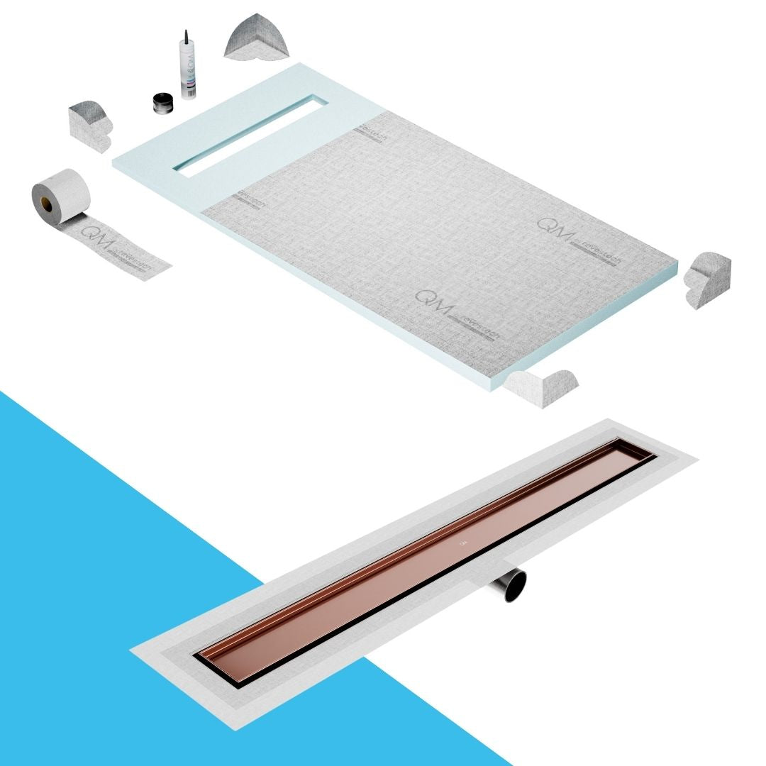 QM Drain Prefab Shower Pan Kit paired with Mist (Tile-In) Linear Drain Kit 32 in Bronze Side Outlet finish. This system features seamless tile integration, efficient water drainage, and a modern aesthetic, perfect for luxury shower installations with a sleek, contemporary design and a side outlet configuration.