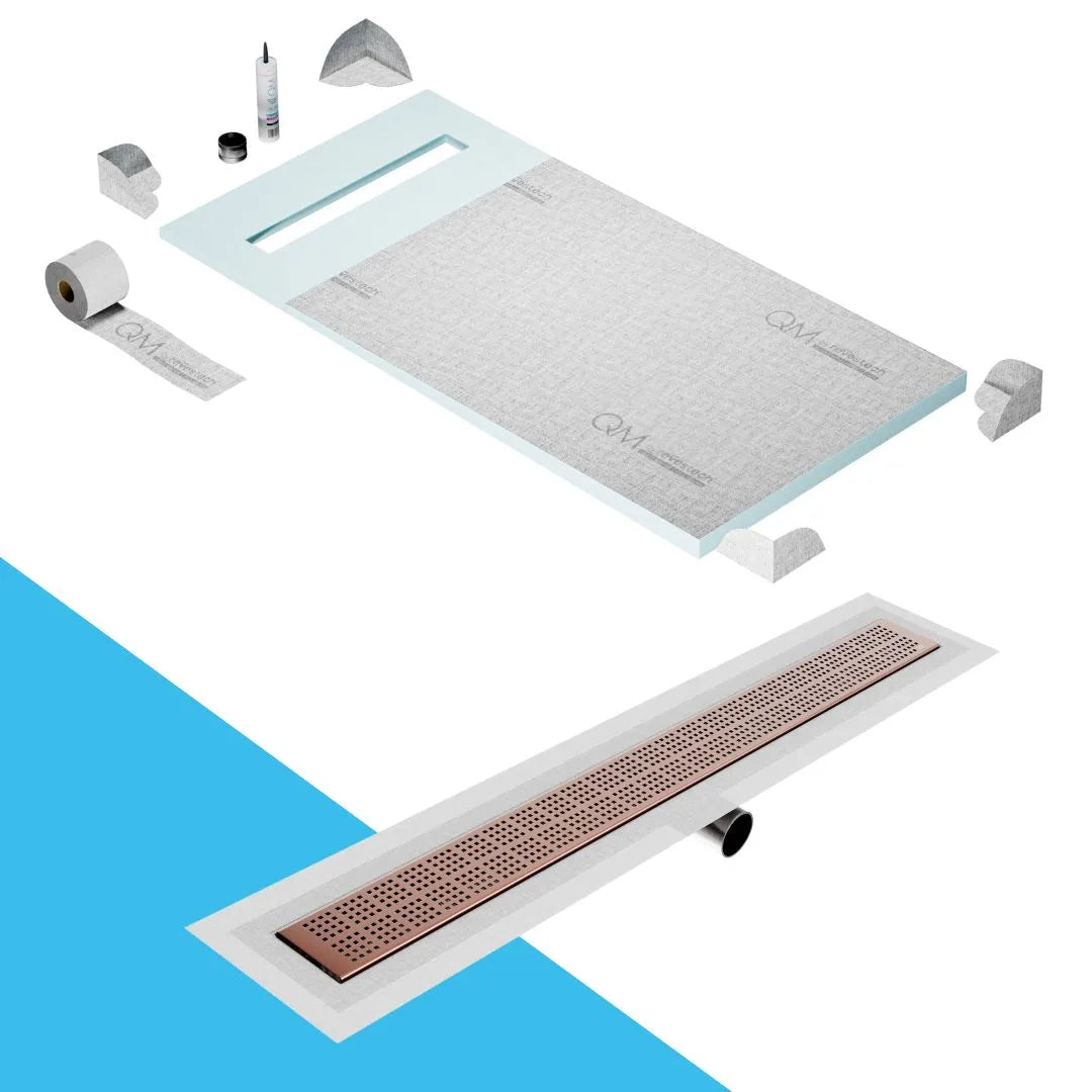 QM Drain Prefab Shower Pan Kit paired with Kai Linear Drain Kit 32 in Bronze Side Outlet finish. This system ensures seamless tile integration, efficient water drainage, and a sleek modern aesthetic, perfect for high-end shower installations with a side outlet configuration and luxury design.