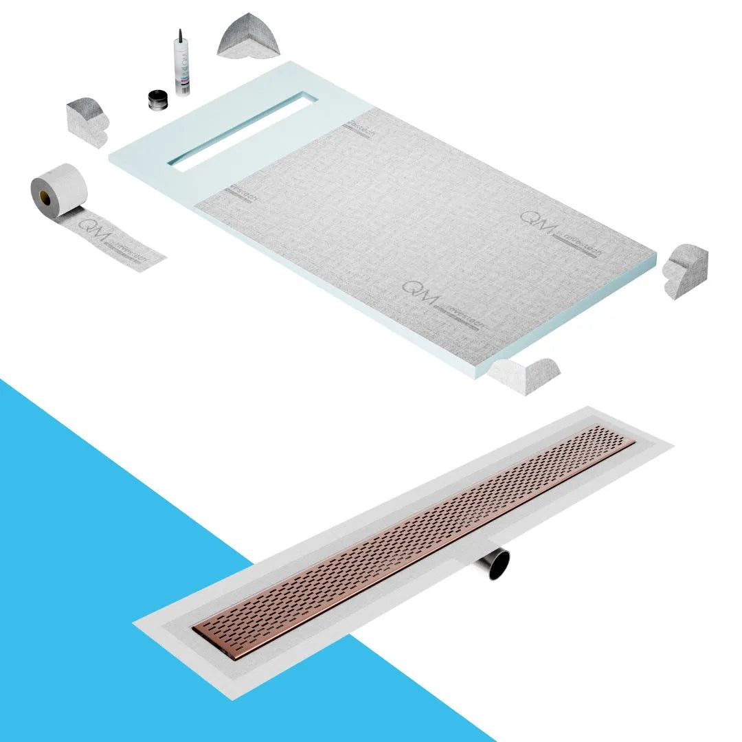 QM Drain Prefab Shower Pan Kit paired with Delta Linear Drain Kit 32 in Bronze Side Outlet finish. This high-quality system ensures efficient water drainage, seamless tile integration, and a sophisticated aesthetic, perfect for luxury shower installations with a side outlet configuration and modern design.