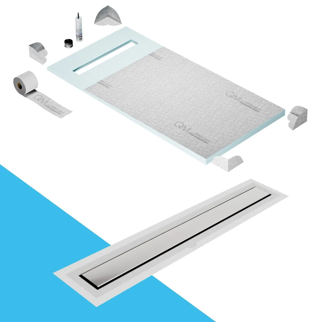 QM Drain Prefab Shower Pan Kit paired with Mist (Tile-In) Linear Drain Kit 32 in Frameless Flange Edge finish. This system provides seamless tile integration, efficient water drainage, and a sleek minimalist design, ideal for modern luxury shower installations with a frameless aesthetic.