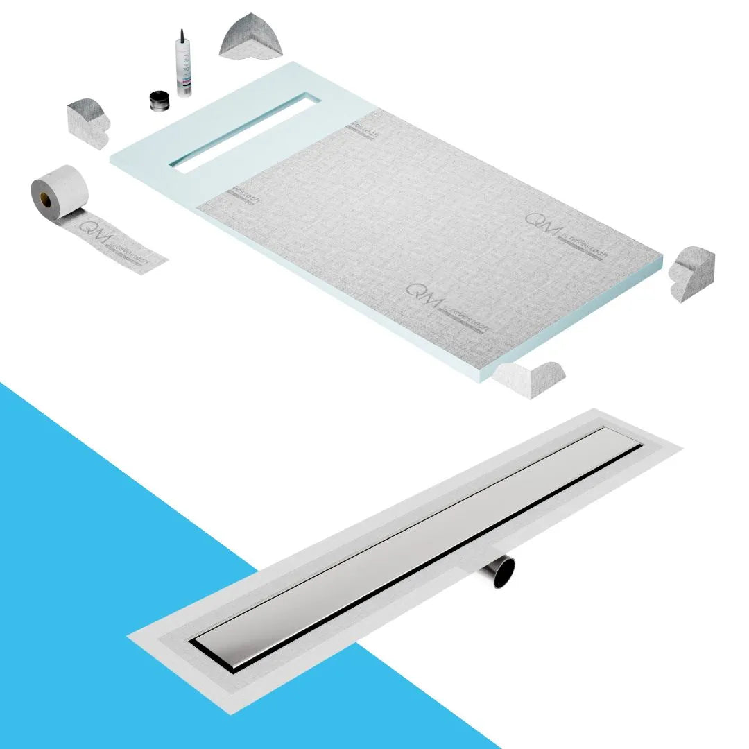 QM Drain Prefab Shower Pan Kit paired with Mist (Tile-In) Linear Drain Kit 32 in Frameless Side Outlet finish. This system features seamless tile integration, efficient water drainage, and a sleek, modern design, perfect for luxury shower installations with a frameless aesthetic and side outlet configuration