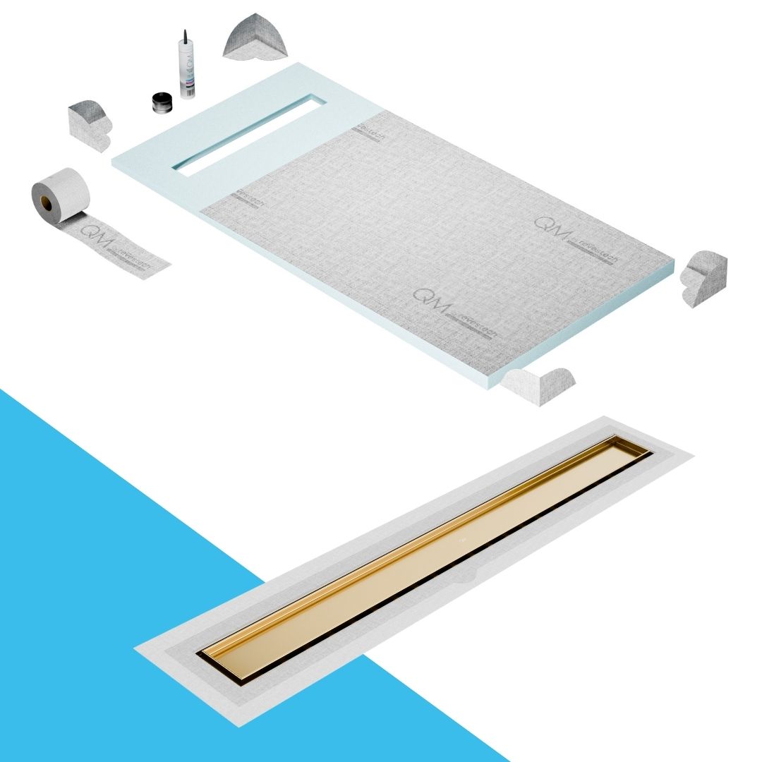 QM Drain Prefab Shower Pan Kit paired with Mist (Tile-In) Linear Drain Kit 32 in Gold Flange Edge finish. This high-quality system offers seamless tile integration, efficient water drainage, and a luxurious gold aesthetic, perfect for high-end shower installations with a sleek, modern design.