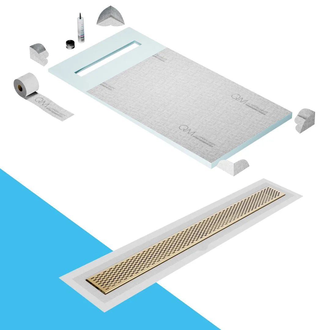 QM Drain Prefab Shower Pan Kit paired with Delta Linear Drain Kit 32 in Gold Flange Edge finish. This premium system ensures efficient water drainage, seamless tile integration, and a luxurious gold aesthetic, perfect for high-end shower installations with a sleek, modern design.