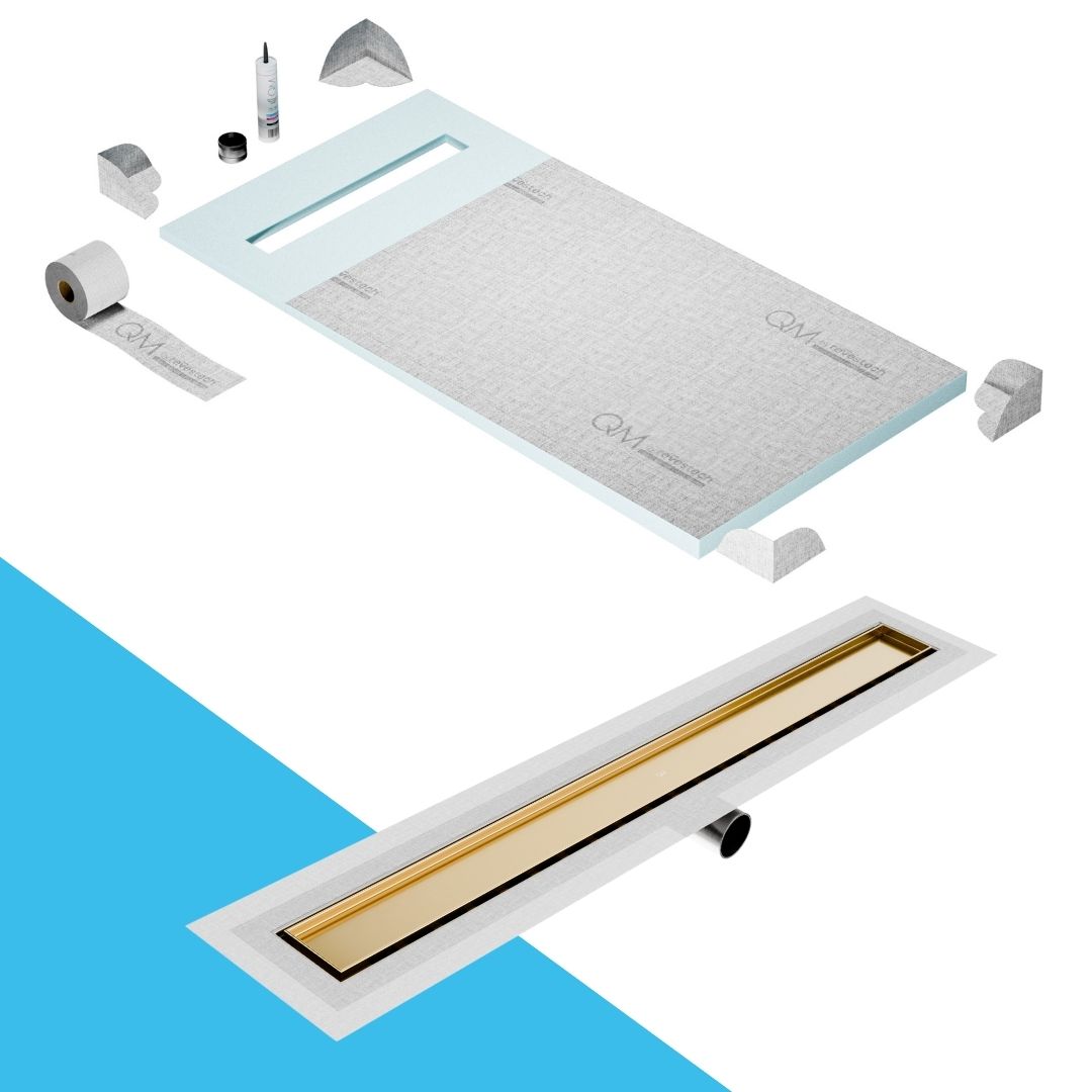 QM Drain Prefab Shower Pan Kit paired with Mist (Tile-In) Linear Drain Kit 32 in Gold Side Outlet finish. This system features seamless tile integration, efficient water drainage, and a luxurious gold aesthetic, perfect for high-end shower installations with a modern side outlet configuration.