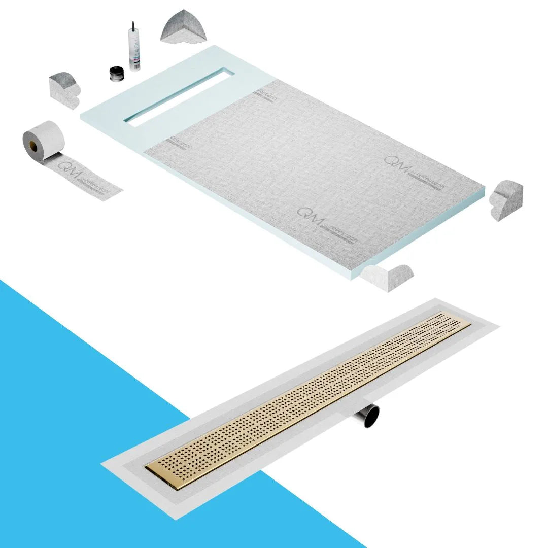 QM Drain Prefab Shower Pan Kit paired with Kai Linear Drain Kit 32 in Gold Side Outlet finish. This high-quality system offers seamless tile integration, efficient water drainage, and a luxurious gold aesthetic, making it perfect for luxury shower installations with a contemporary side outlet design.