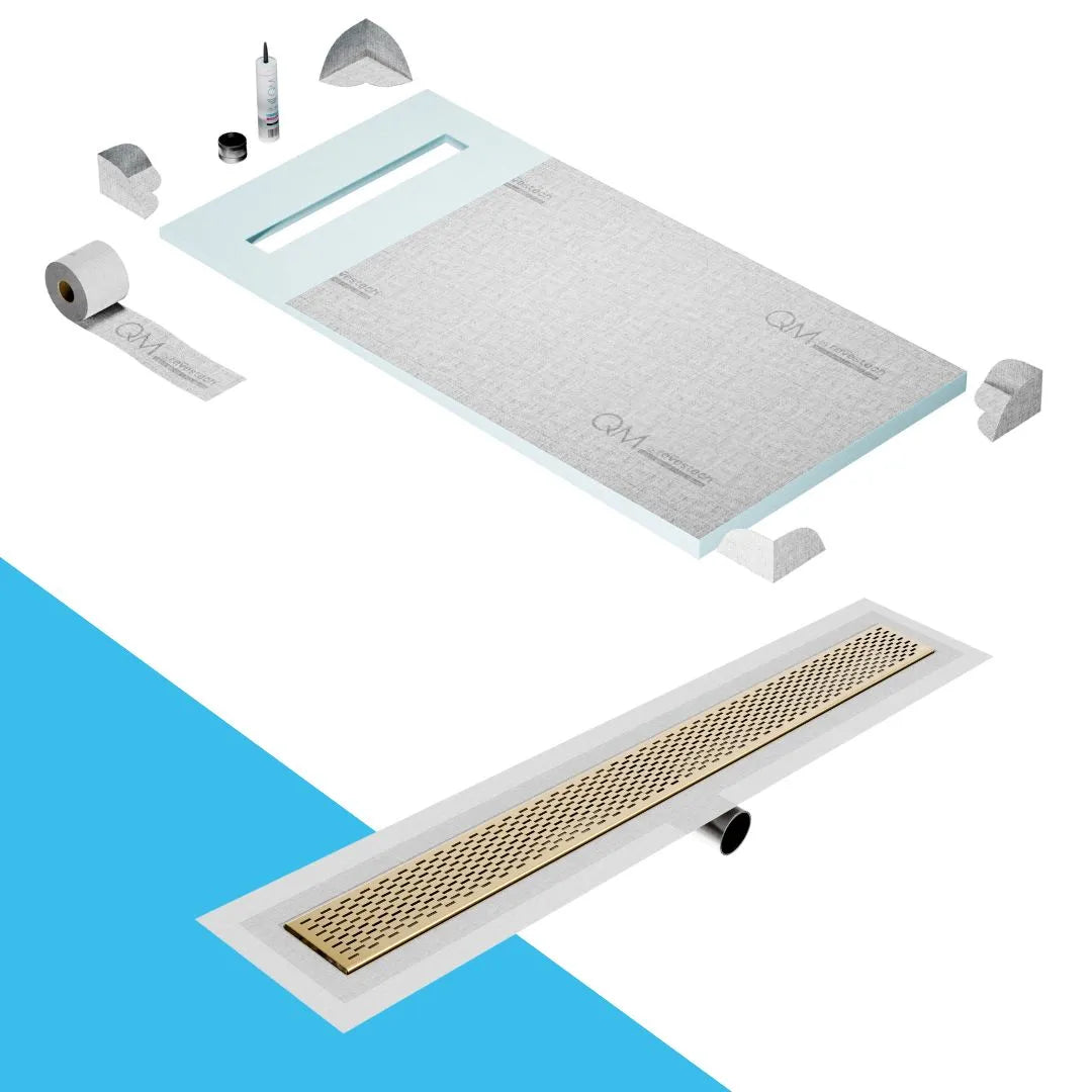 QM Drain Prefab Shower Pan Kit paired with Delta Linear Drain Kit 32 in Gold Side Outlet finish. This premium system provides seamless tile integration, efficient water drainage, and a luxurious gold aesthetic, perfect for high-end shower installations with a contemporary side outlet configuration