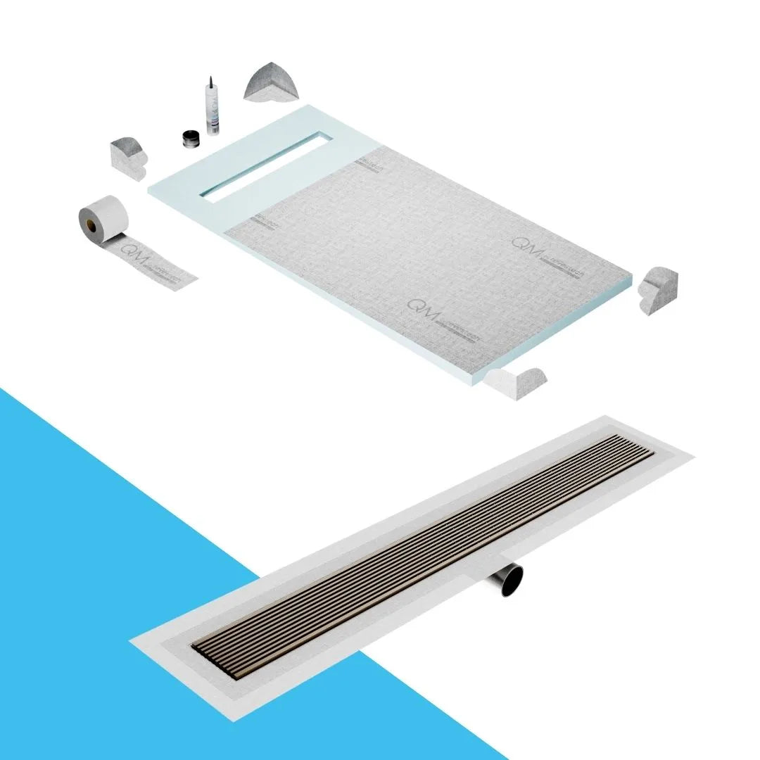 QM Drain Prefab Shower Pan Kit paired with Wedgewire Linear Drain Kit 32 in Gold Side Outlet finish. This system features a modern wedgewire design, seamless tile integration, efficient water drainage, and a luxurious gold aesthetic, ideal for contemporary luxury shower installations