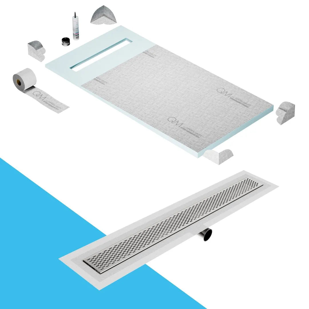 QM Drain Prefab Shower Pan Kit paired with Delta Linear Drain Kit 32 in Polished Side Outlet finish. This system provides seamless tile integration, efficient water drainage, and a high-quality polished aesthetic, making it ideal for luxury shower installations with a modern side outlet configuration.