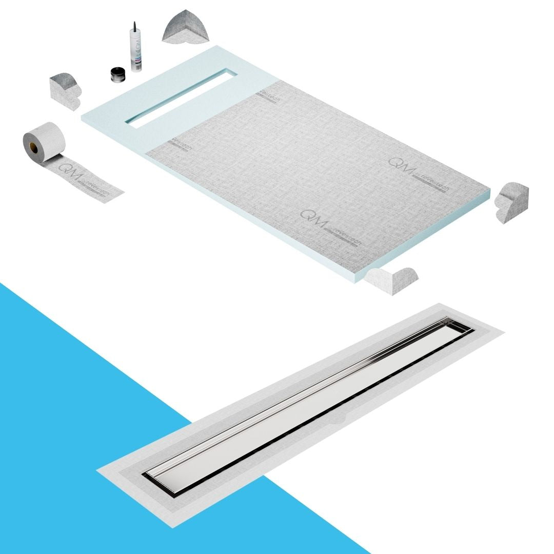 QM Drain Prefab Shower Pan Kit paired with Mist (Tile-In) Linear Drain Kit 32 in Satin Flange Edge finish. This system offers seamless tile integration, efficient water drainage, and a sleek satin aesthetic, ideal for modern luxury shower installations with a clean, minimalist design.