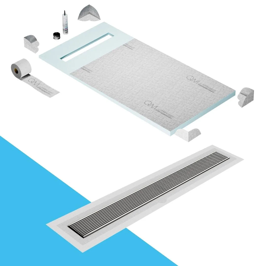 QM Drain Prefab Shower Pan Kit paired with Wedgewire Linear Drain Kit 32 in Satin Flange Edge finish. This system features a sleek wedgewire design, seamless tile integration, and efficient water drainage, making it perfect for luxury shower installations with a modern satin aesthetic.